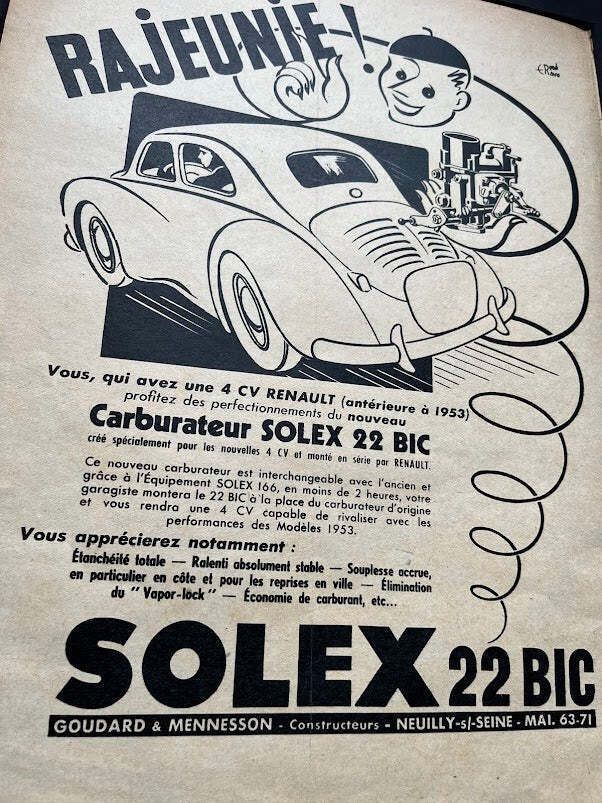 Solex Carburettors Vintage Advertisement Print   C1952 Renault 4cv photo furniture
