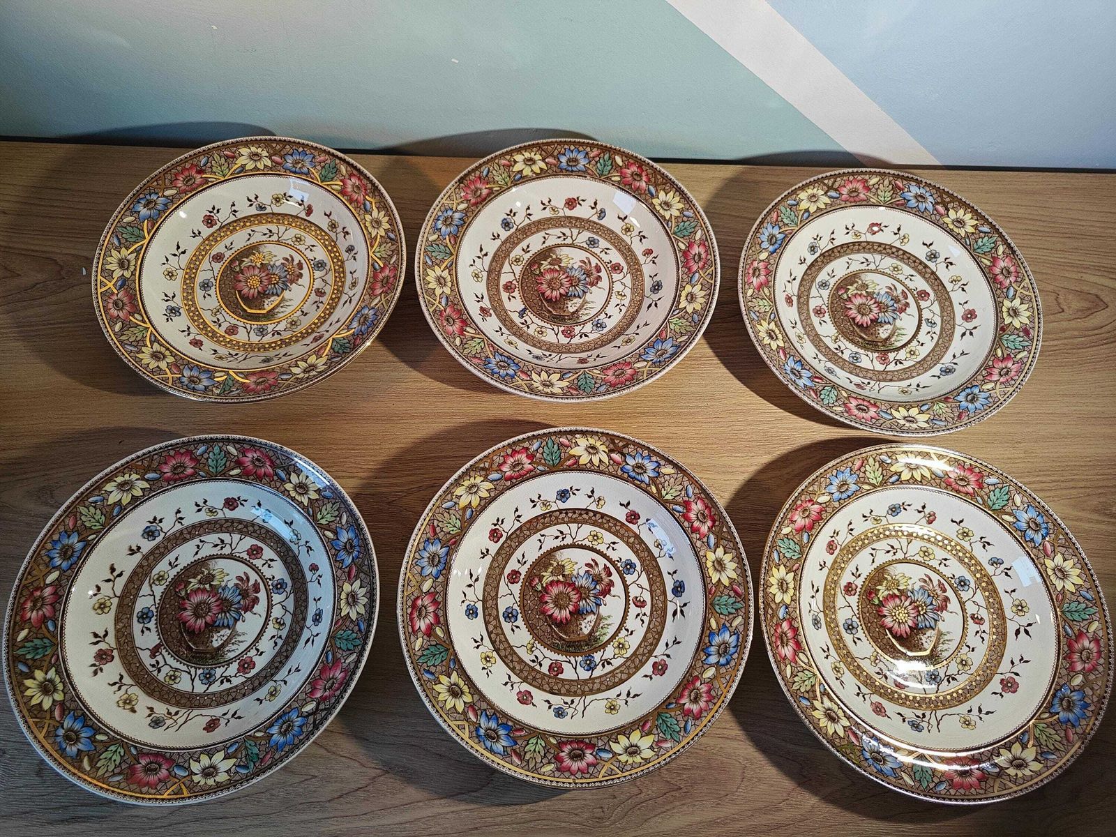 Victorian Rainbow Sunflower Palmyra Pattern Soup Bowls   19th Century Floral Gilt Plates   Sampson Hancock photo furniture