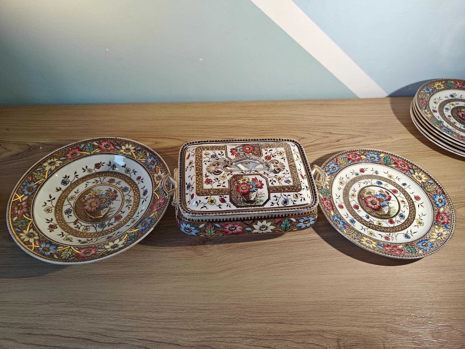 photo for sale Victorian Rainbow Sunflower Palmyra Pattern Soup Bowls   19th Century Floral Gilt Plates   Sampson Hancock