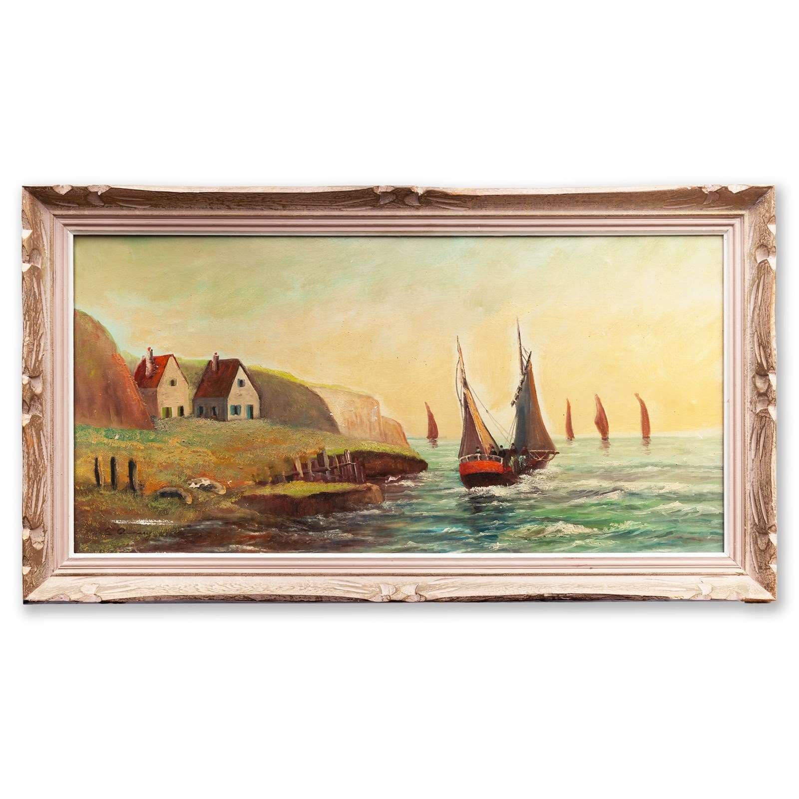 Signed Panoramic Oil Painting Of Sailng Ships Off The Brittany Coast