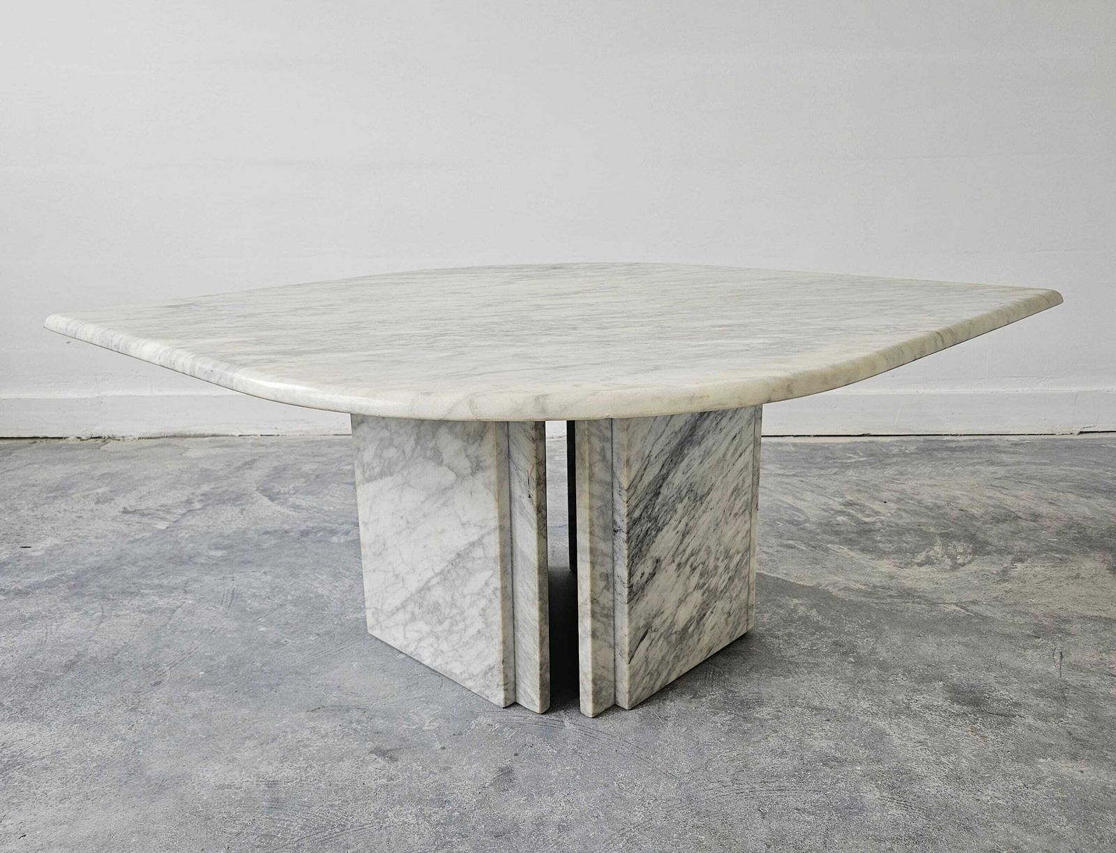 Postmodern Cat Eye Coffee Table Done In White Carrara Marble In Style Of Roche Bobois // Made In Italy In 1980s