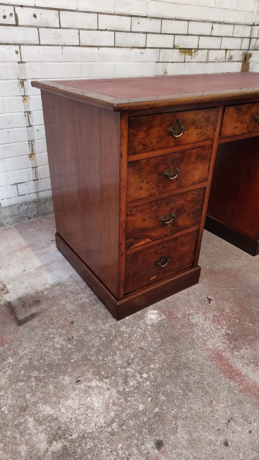 Antique Victorian Burr Walnut Leather Top Work Office Pedestal Desk photo buy