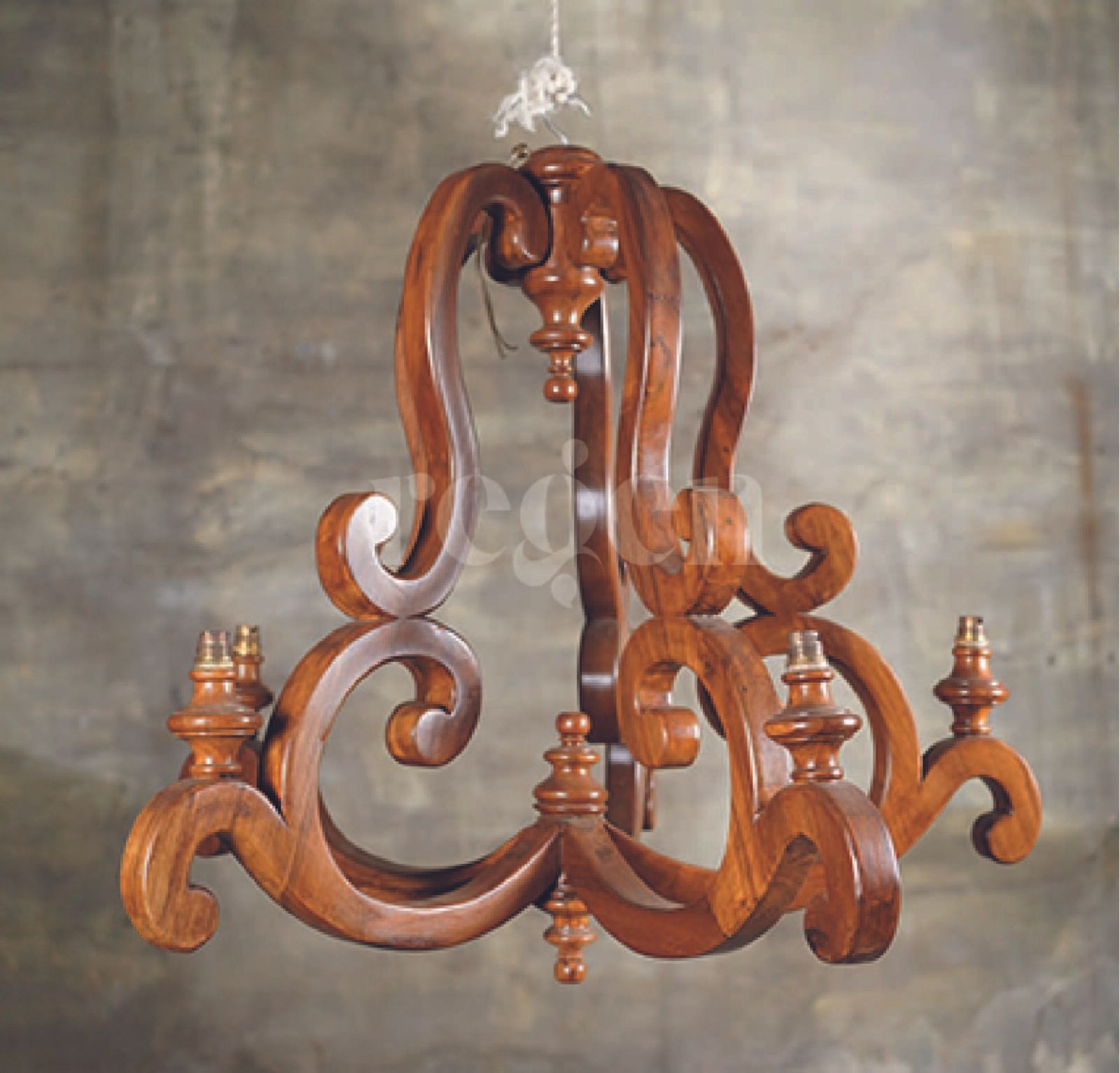 Vintage Indian Hand Carved Wooden Chandelier | Early 1900s Solid Teak With Scroll Arms photo for sale
