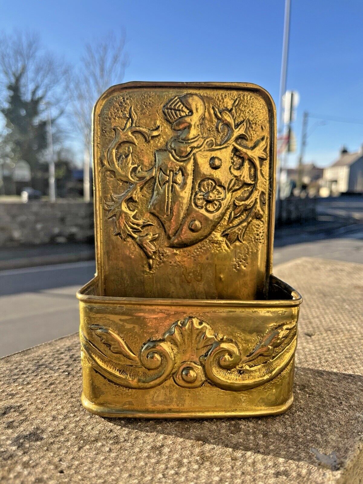 Antique French 19th Century Brass Fireside Candle Box Armour Knight Shield Axe