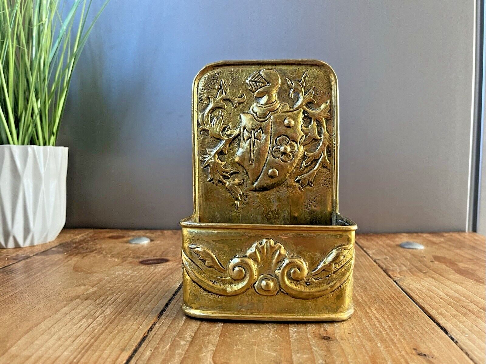Antique French 19th Century Brass Fireside Candle Box Armour Knight Shield Axe photo for sale