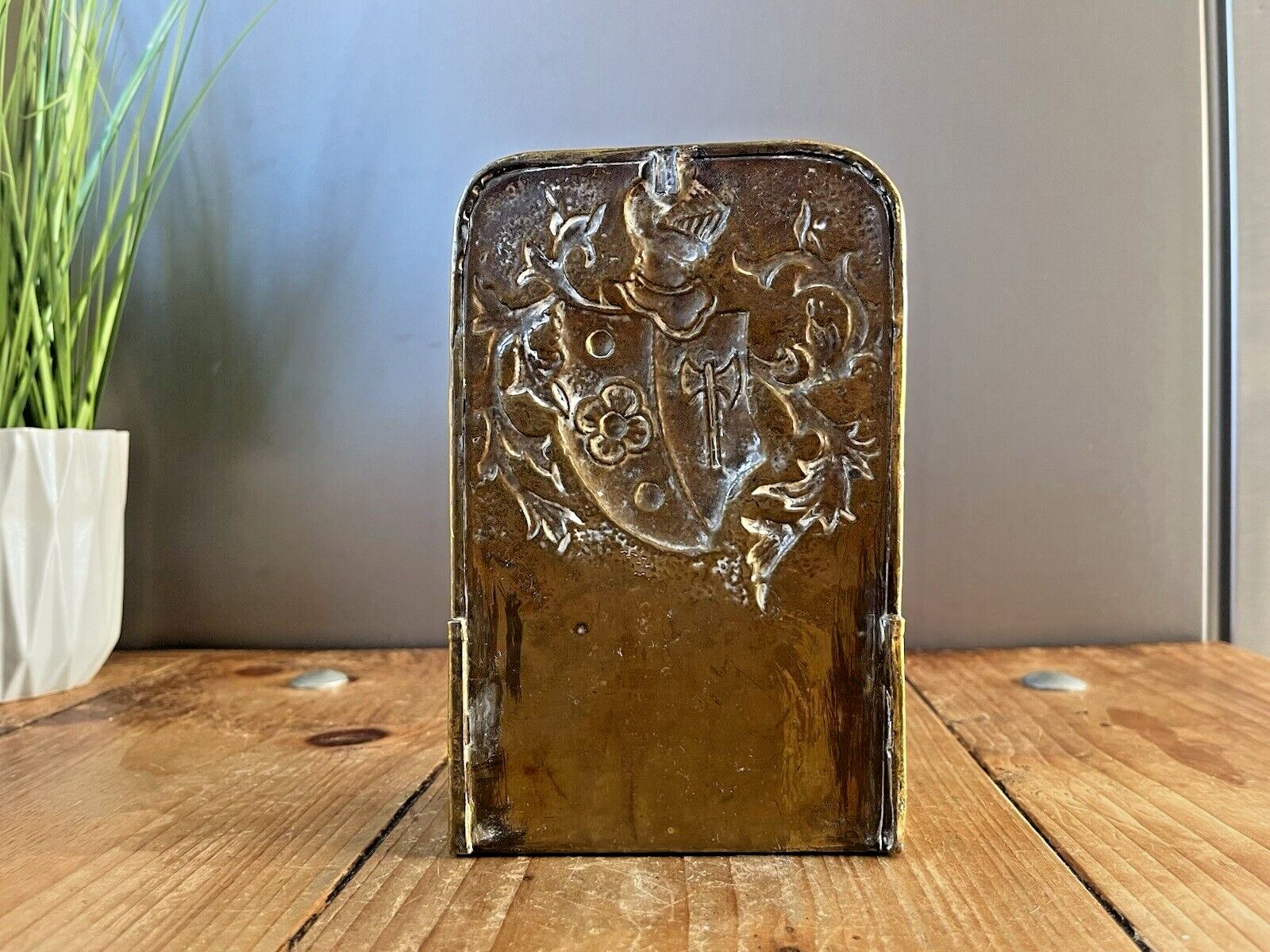 Antique French 19th Century Brass Fireside Candle Box Armour Knight Shield Axe photo 140.0