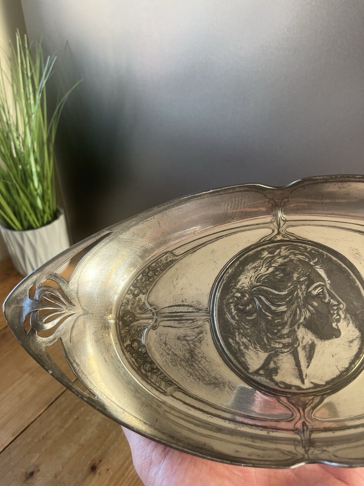 Antique Art Nouveau Jugendstil Maiden Lady Pewter / Silver Metal Card Tray Wmf photo 165.0