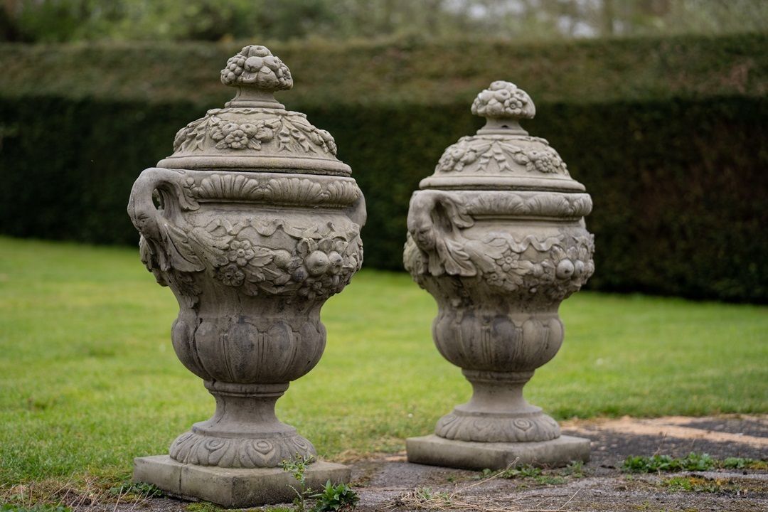 Pair Of Cast Stone Garden Urns