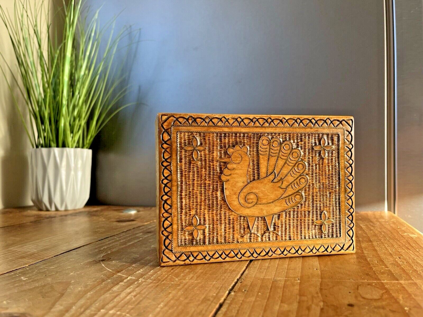 Antique Hand Carved Wooden Chicken Rooster Hen Brass Inlaid Folk Art Box Scandi photo furniture