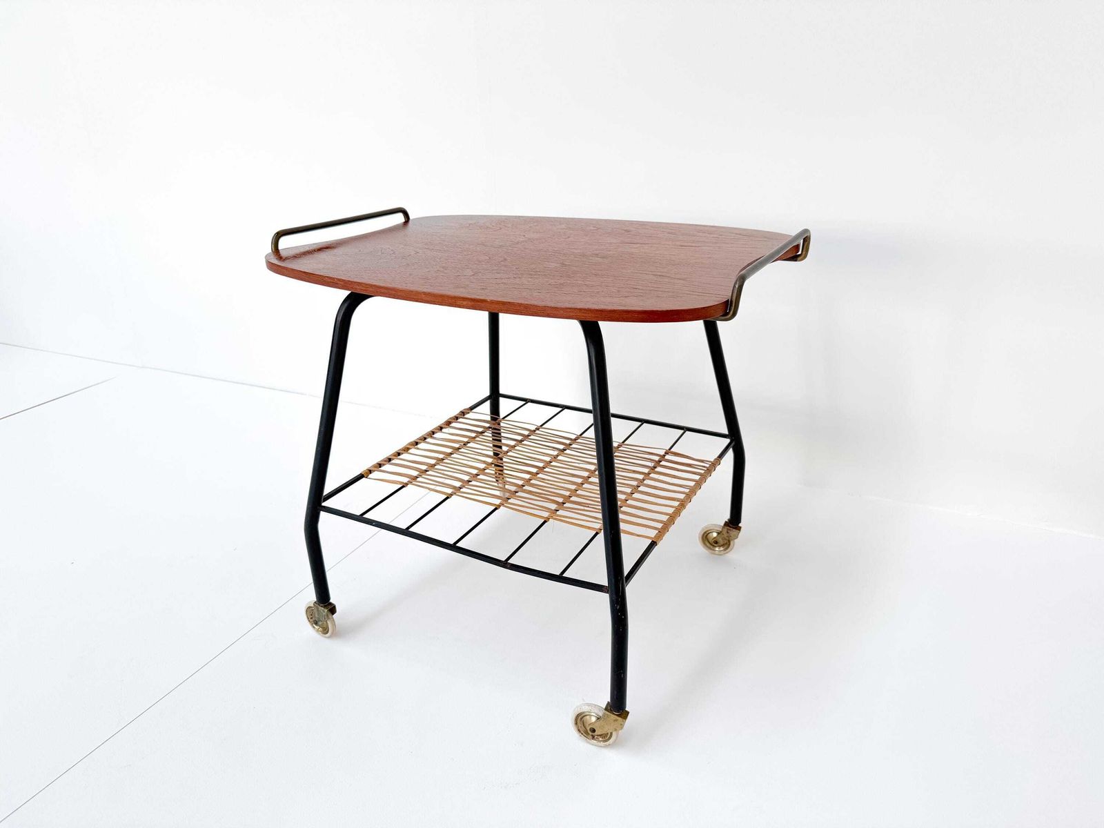 Danish Vintage Serving Cart / Tea Trolley From The 1950s – Teak, Brass & Rattan photo Furniture
