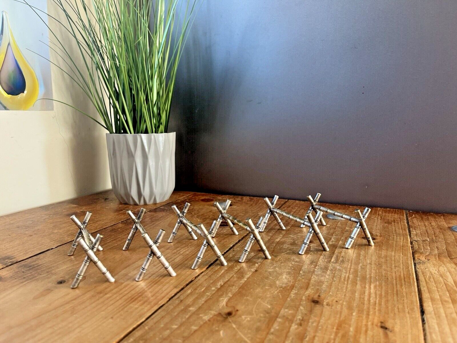 Set Of 6 French Aesthetic Movement Faux Bamboo Silver Plated Knife Rests Dresser photo for sale