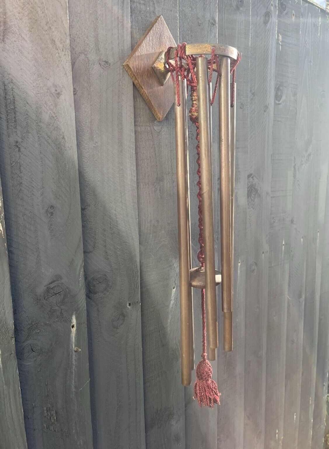 Antique 1920's Wooden Oak Copper Pipe Wind Chime Bell Ringer Alpine Rustic Farm photo vinterior