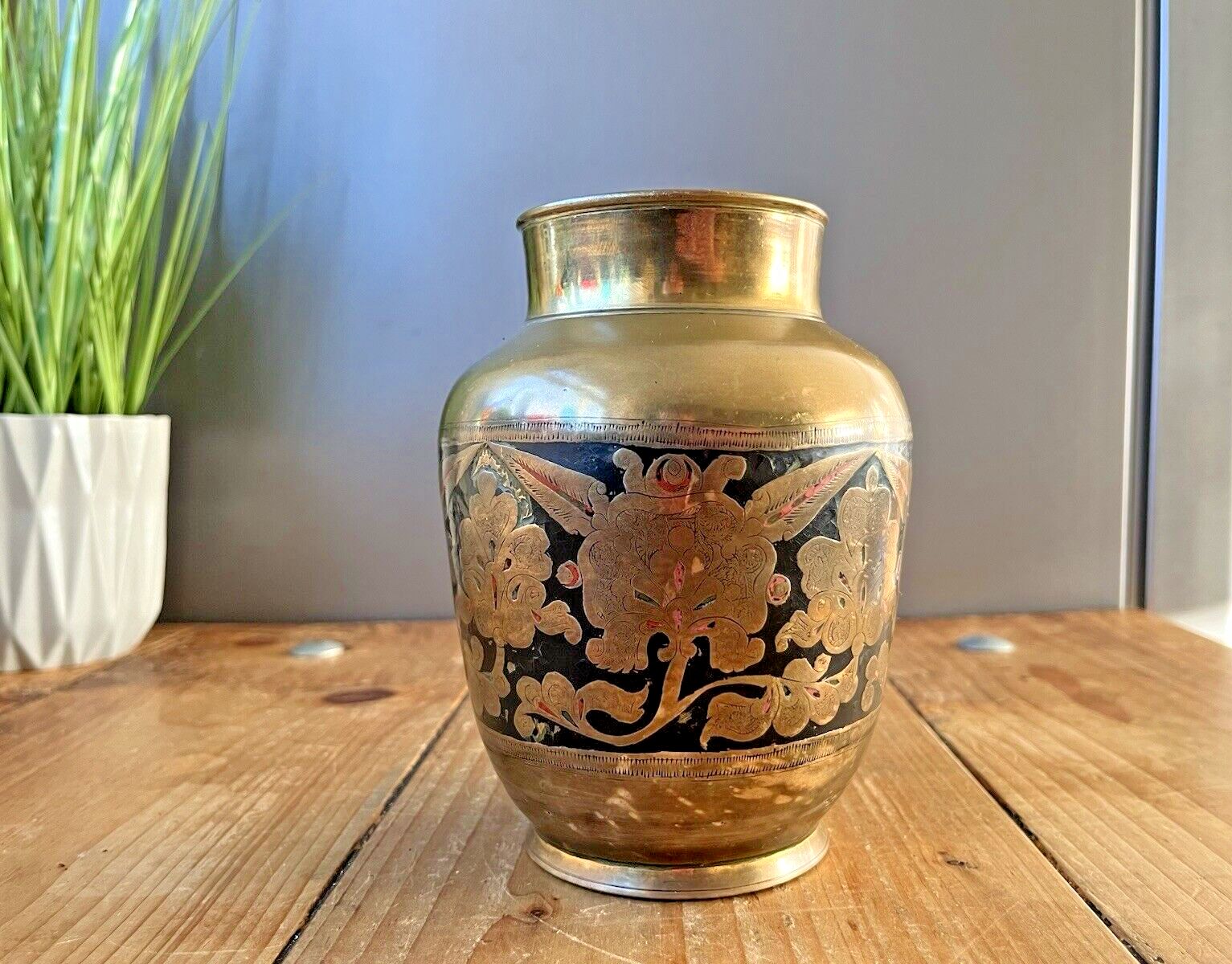 Antique Eastern Indian Brass Bronze Enamel Painted Etched Floral Mantel Vase photo for sale
