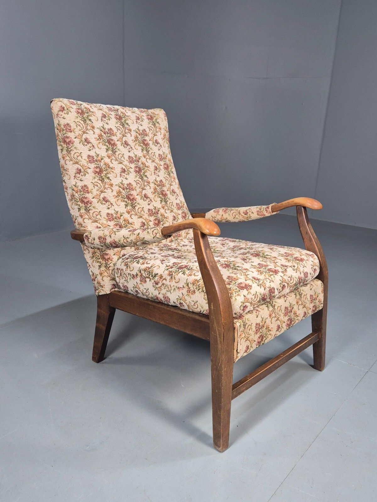 Vintage Lounge Chair Floral Cotton Wood Frme 1950s Cintique Retro Eb8455 Mnor photo buy
