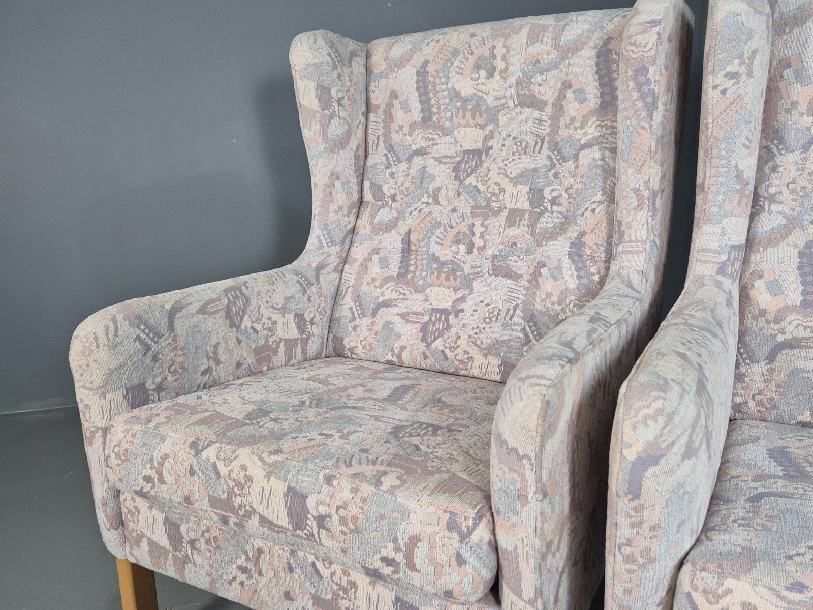 2 Vintage Danish Wing Back Lounge Chairs Cotton 1980s Fabric Retro Eb8289 Mnor photo vintage