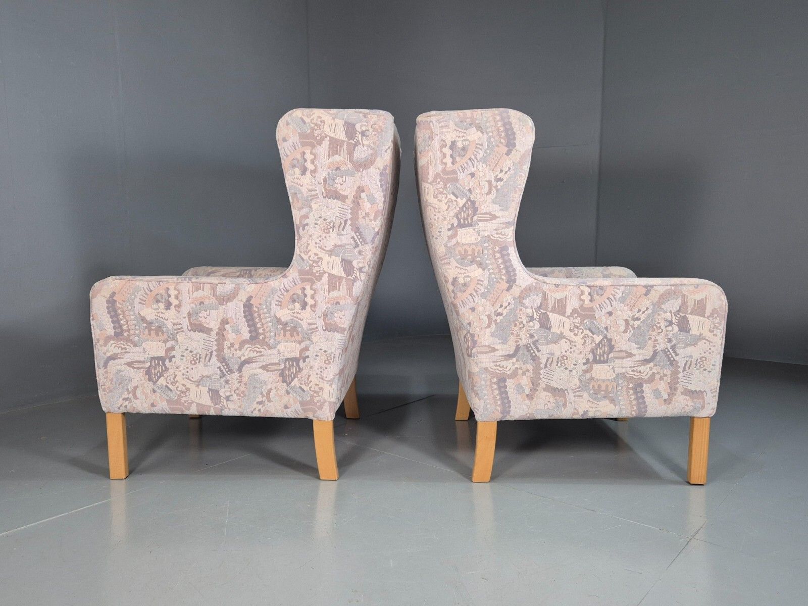 Furniture 2 Vintage Danish Wing Back Lounge Chairs Cotton 1980s Fabric Retro Eb8289 Mnor photo