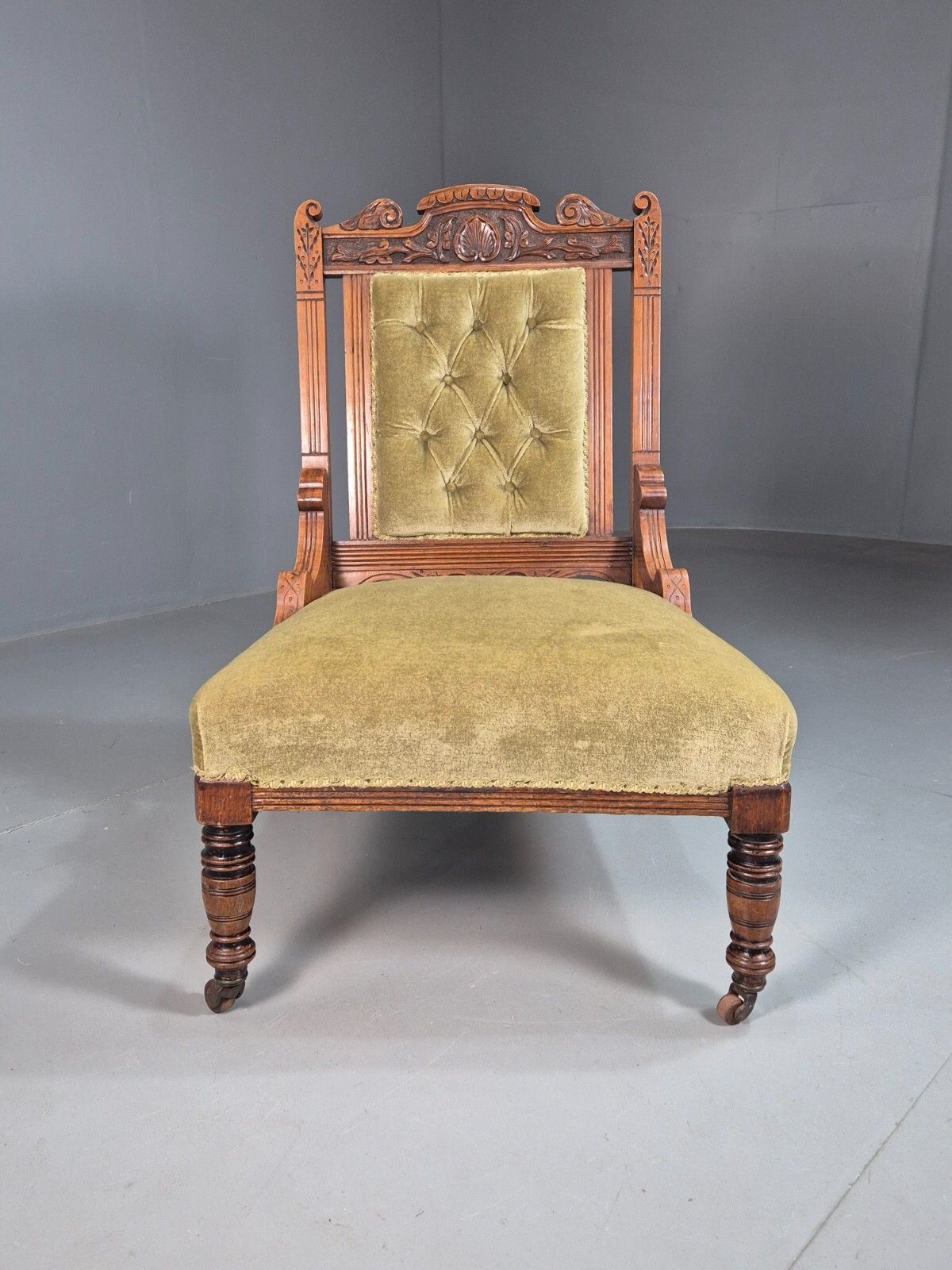 Vintage Lounge Chair Green Velour Oak Frame Victorian Antique Eb8221 Vclo photo 175.0