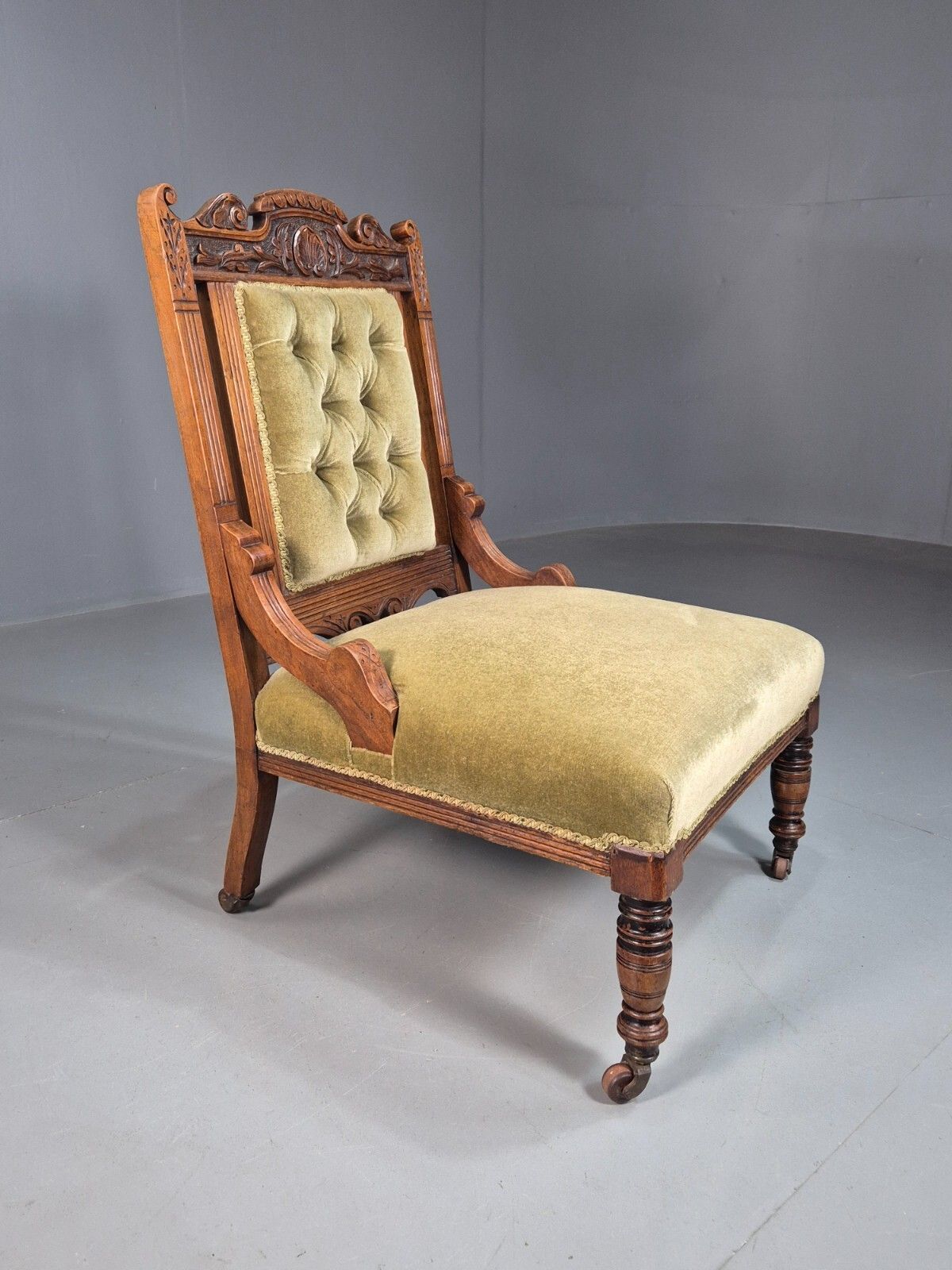Vintage Lounge Chair Green Velour Oak Frame Victorian Antique Eb8221 Vclo photo vintage
