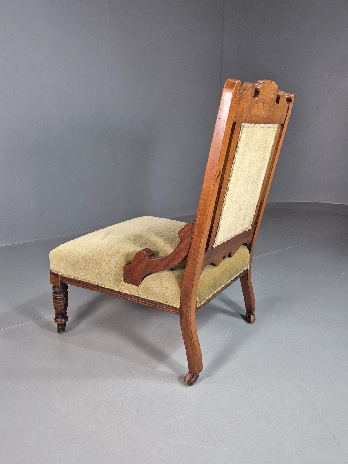 photo vinterior Vintage Lounge Chair Green Velour Oak Frame Victorian Antique Eb8221 Vclo