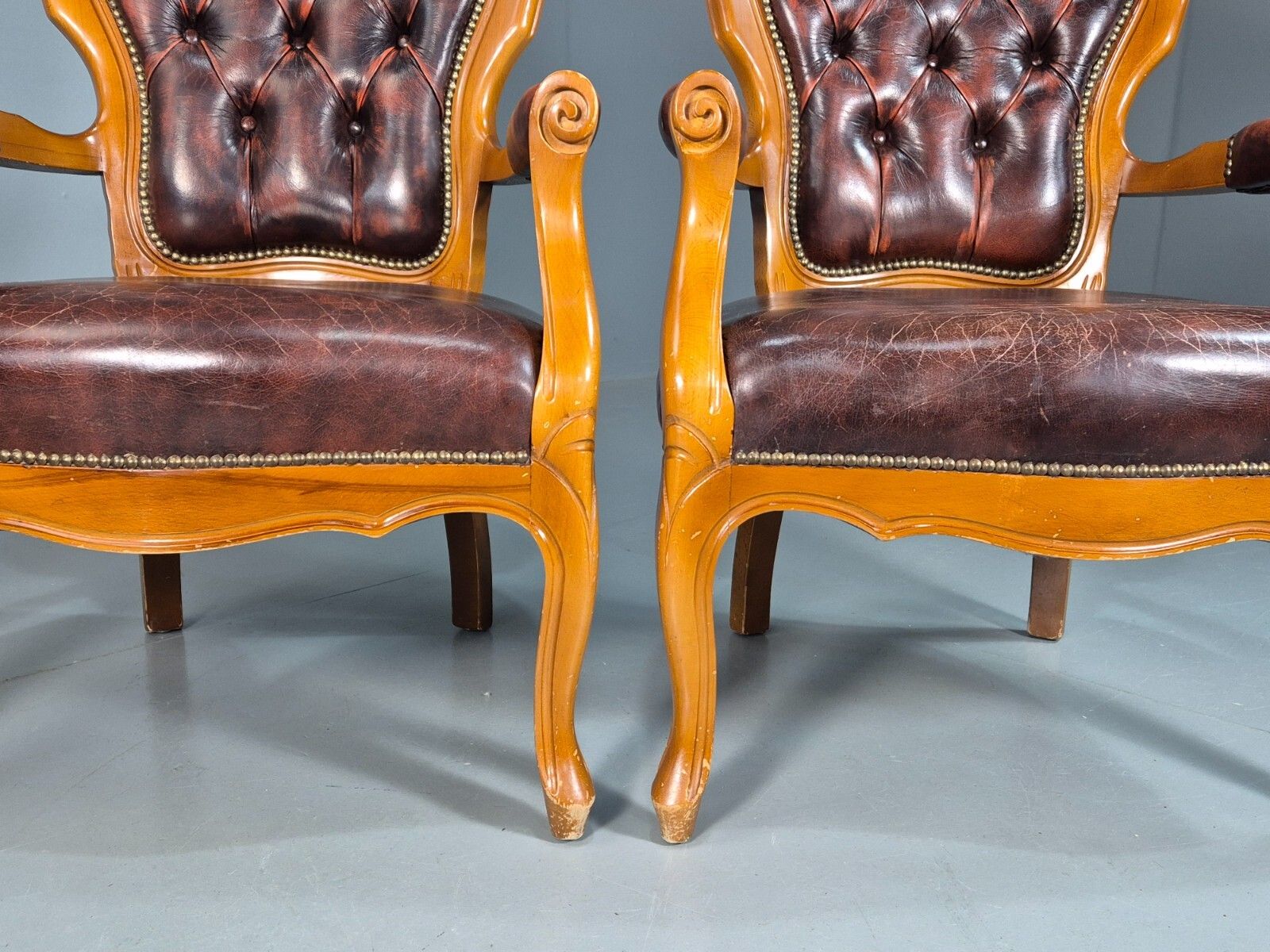 2 Vintage Lounge Chairs Leather Upholstery French Style 1970s Eb8191 Vcar photo Furniture