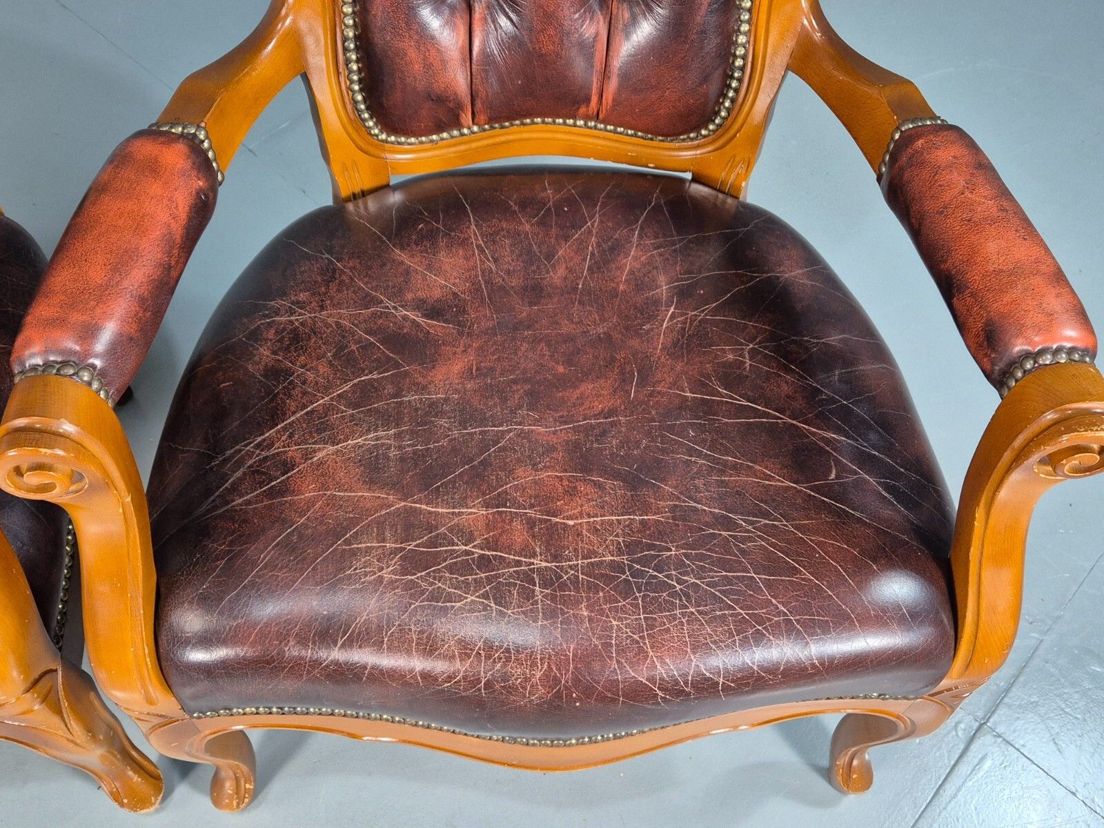2 Vintage Lounge Chairs Leather Upholstery French Style 1970s Eb8191 Vcar photo vinterior