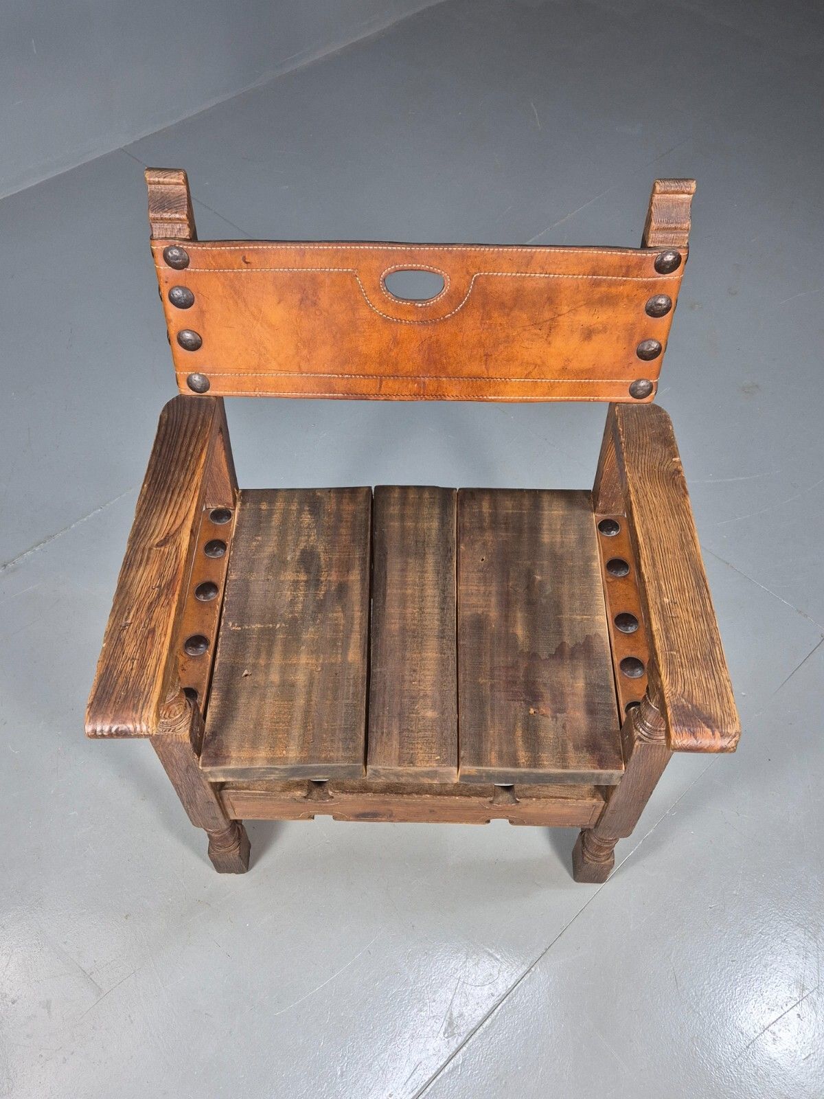 Vintage Lounge Chair Leather Carved Wood Spanish Style Antique Eb8175 Vcar photo for sale