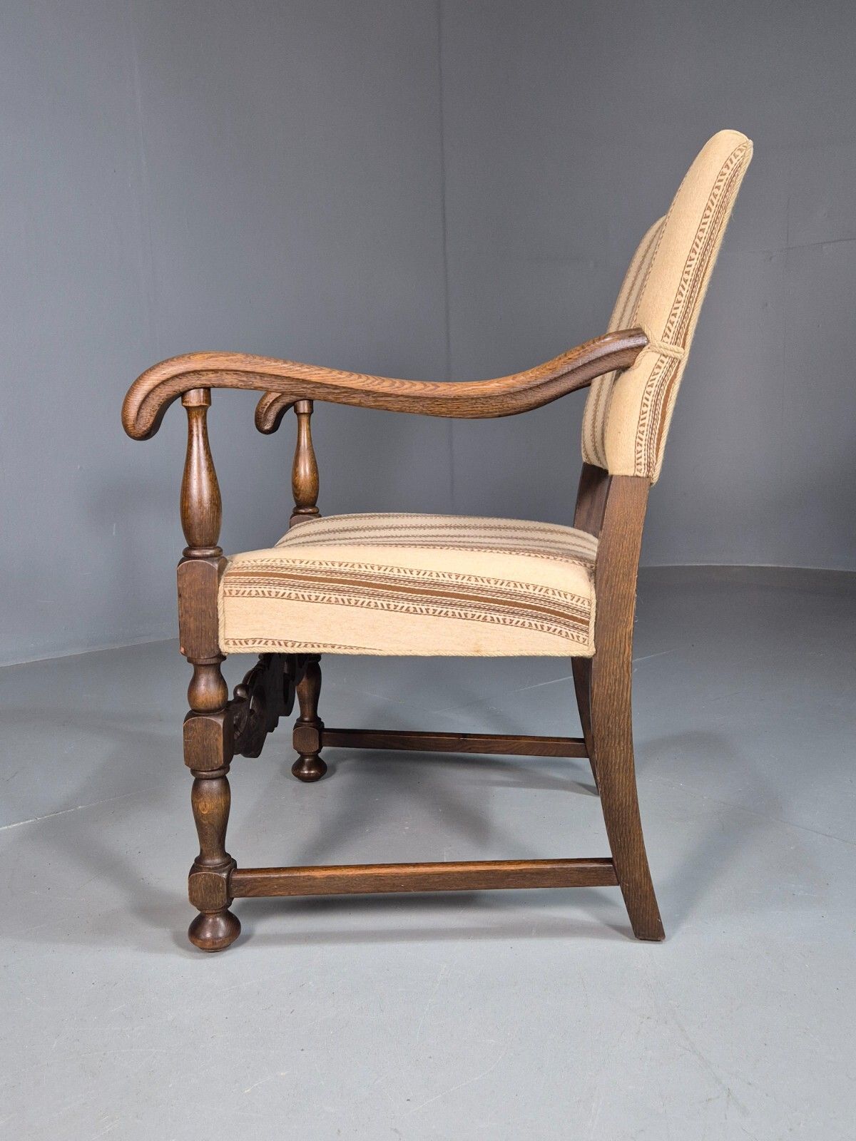 Vintage Danish Elbow Chair Cream Stripe Oak Frame 1950s Repro Eb8084 Vdin photo vintage
