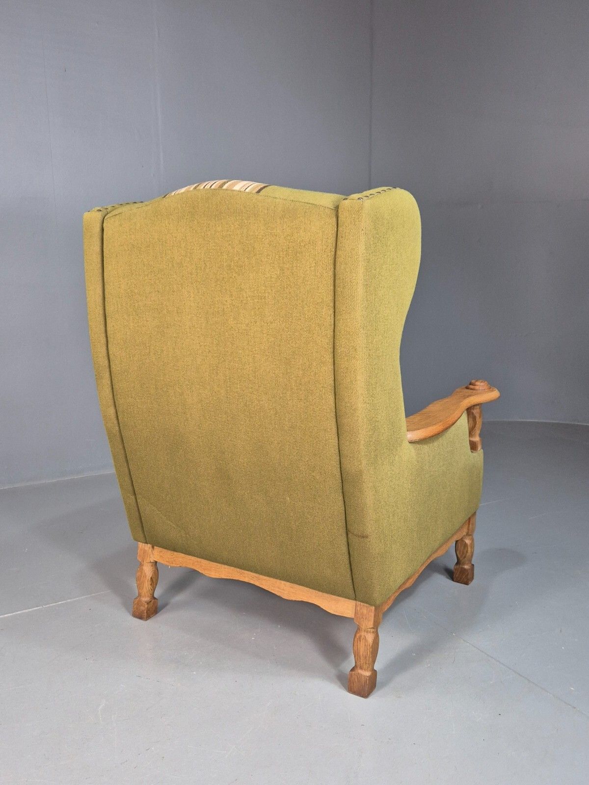 Furniture Vintage Danish Green Striped Wingback Armchair Oak Studded Skippers Eb8044 Mnor photo