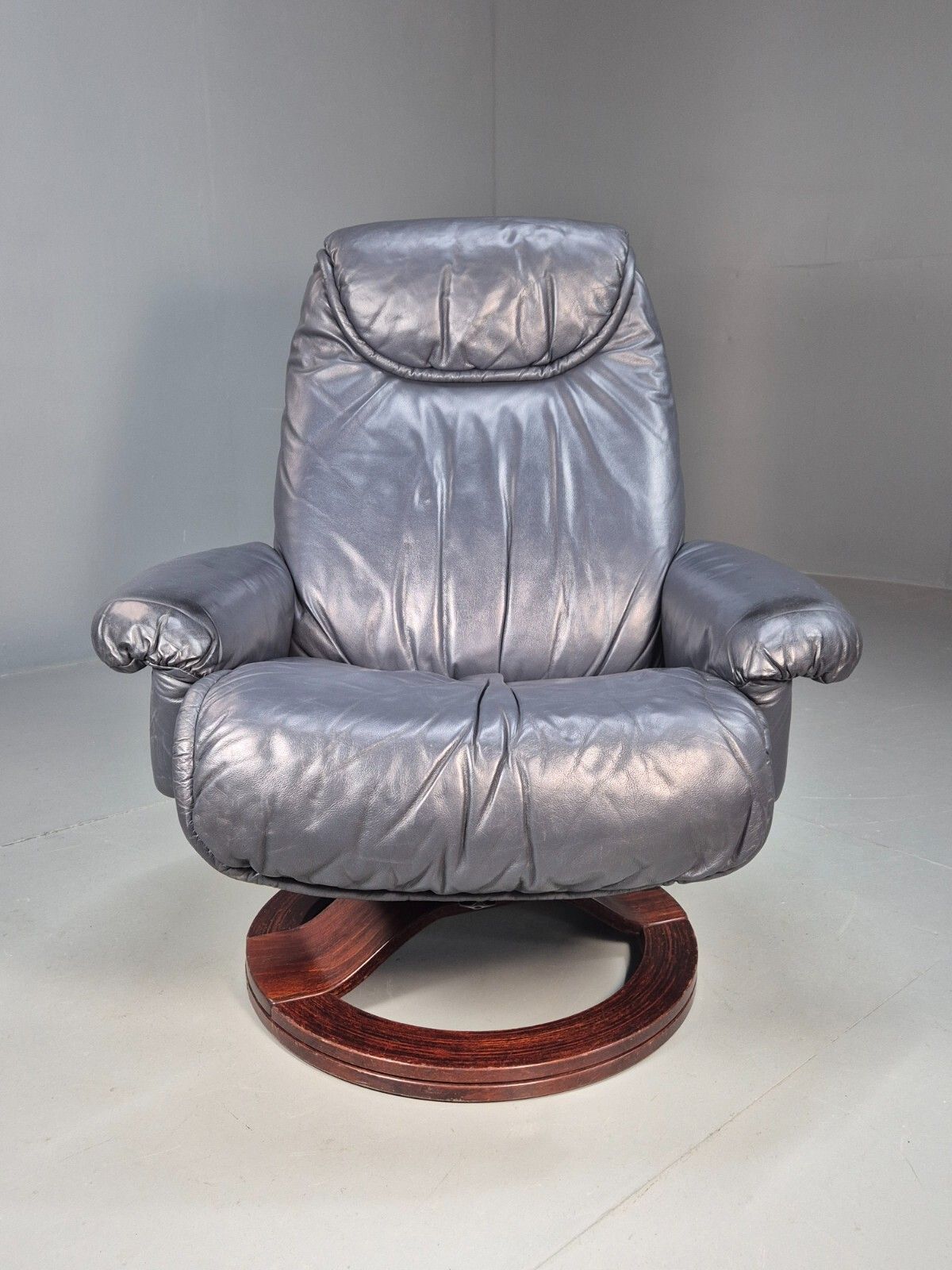 Vintage Danish Swivel Chair Blue Grey Leather Reclines 1980s Retro Eb8465 Mswi photo furniture