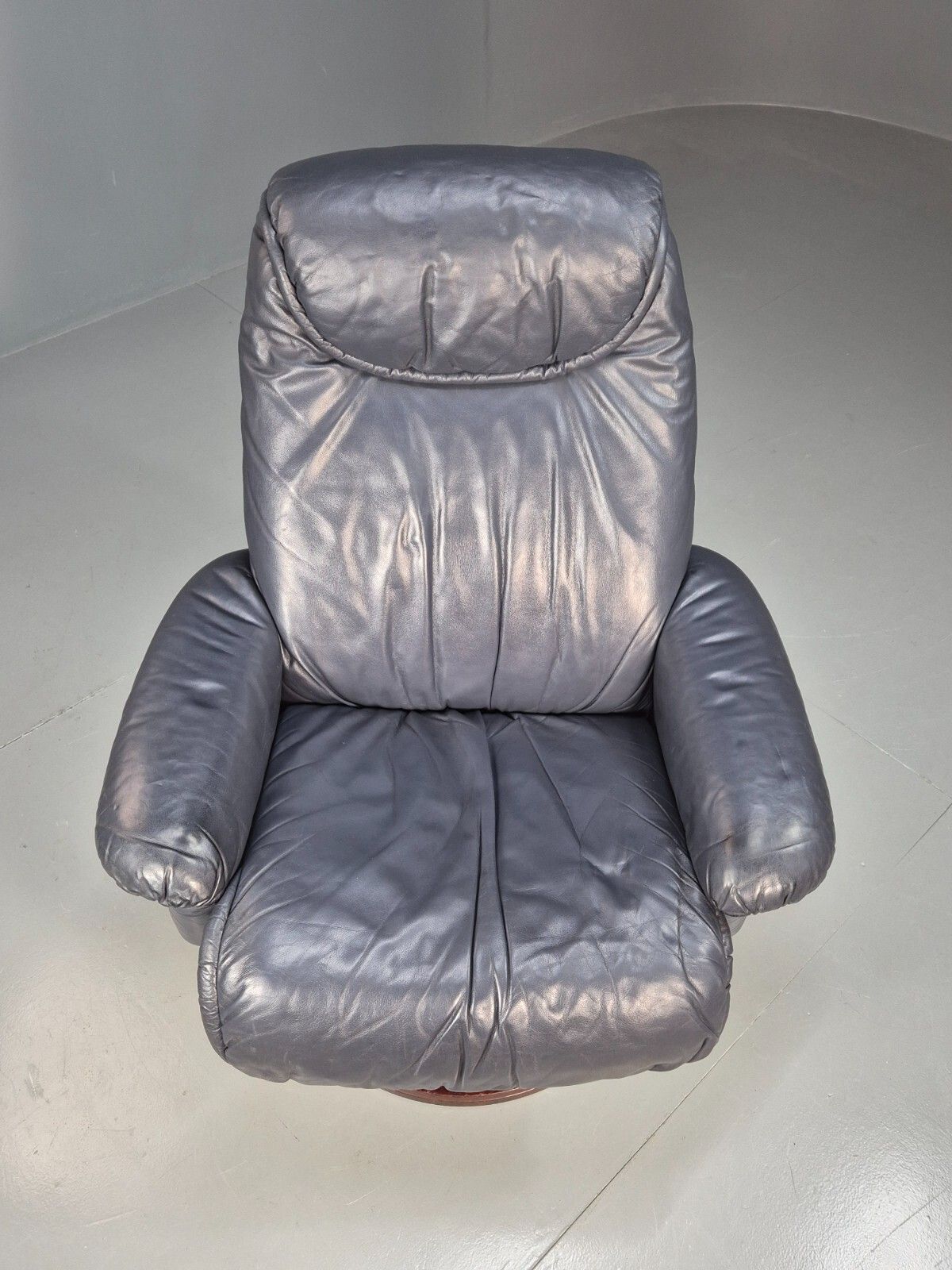 Vintage Danish Swivel Chair Blue Grey Leather Reclines 1980s Retro Eb8465 Mswi photo for sale