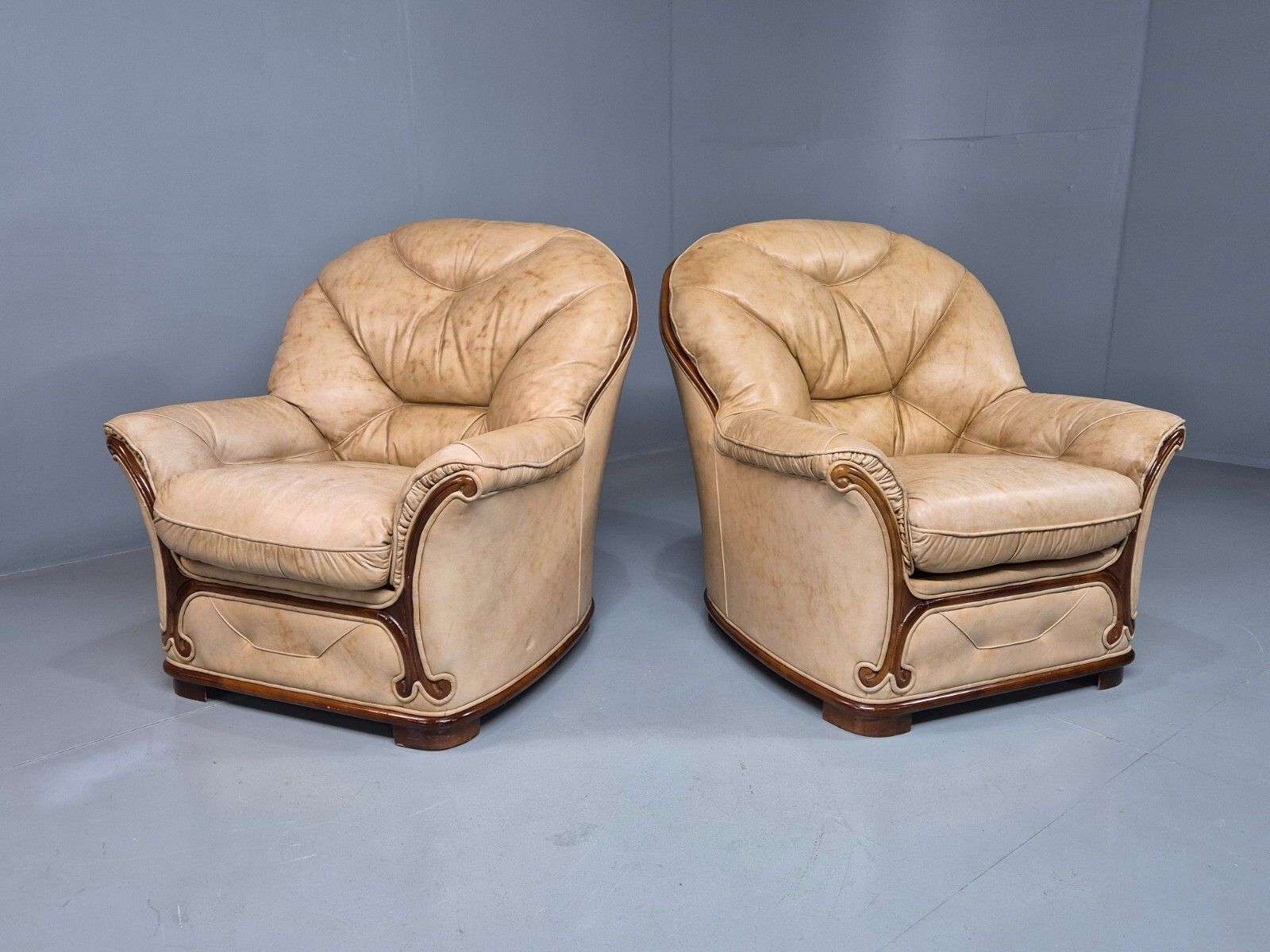 2 Vintage Danish Lounge Chairs Beige Leather Wood Trim 1990s Beeb8287 Vlea