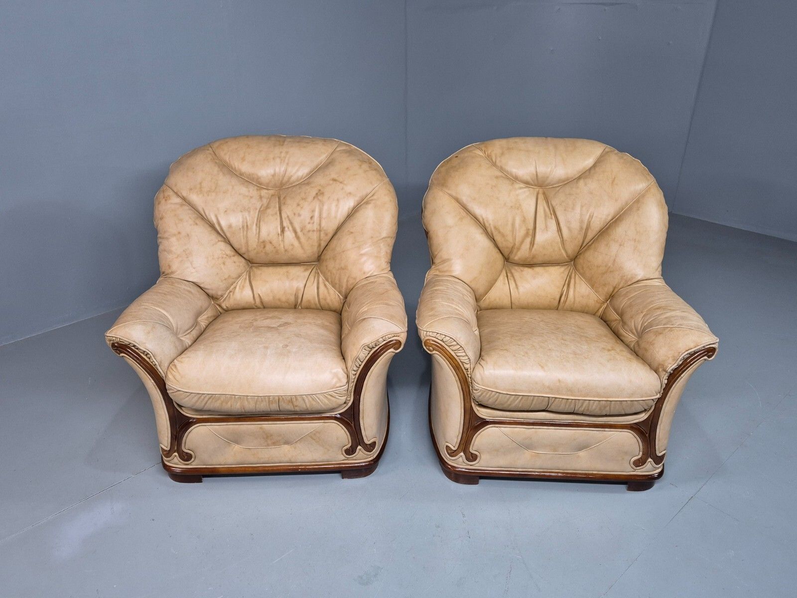 2 Vintage Danish Lounge Chairs Beige Leather Wood Trim 1990s Beeb8287 Vlea photo furniture