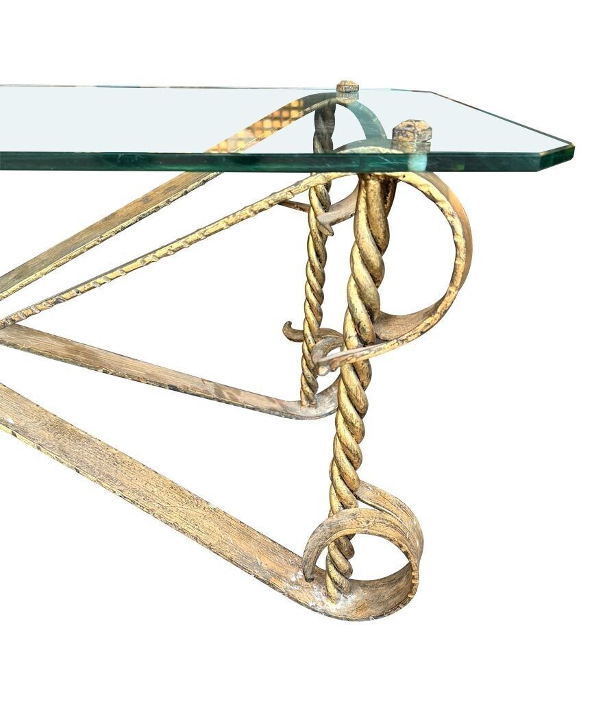 A Spanish 1950s Gilt Wrought Iron Coffee Table With Thick Glass Top photo vintage