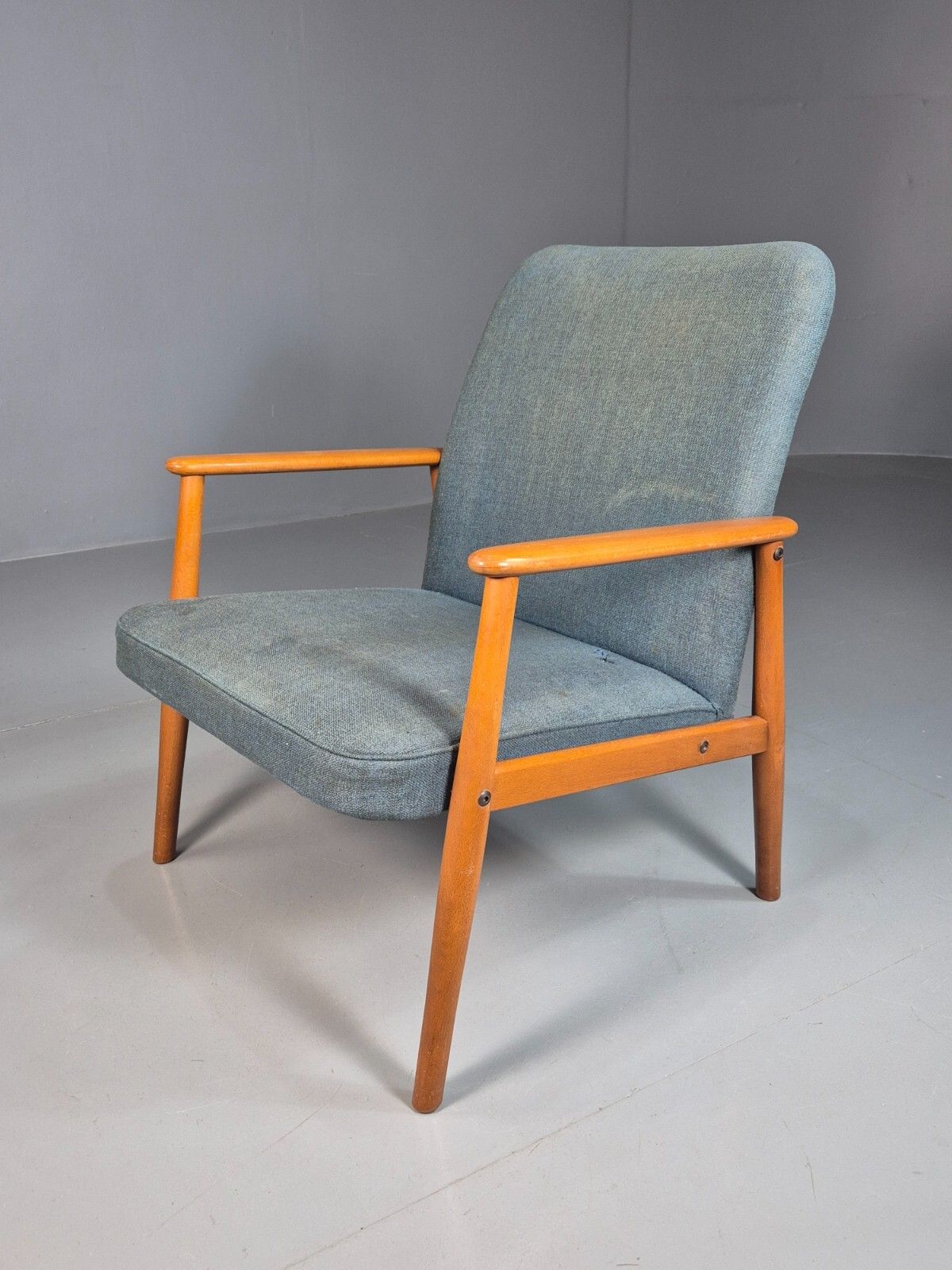 Vintage Danish Lounge Chair Blue Upholstery Beech Frame Retro Mcm Eb7737 Mnor