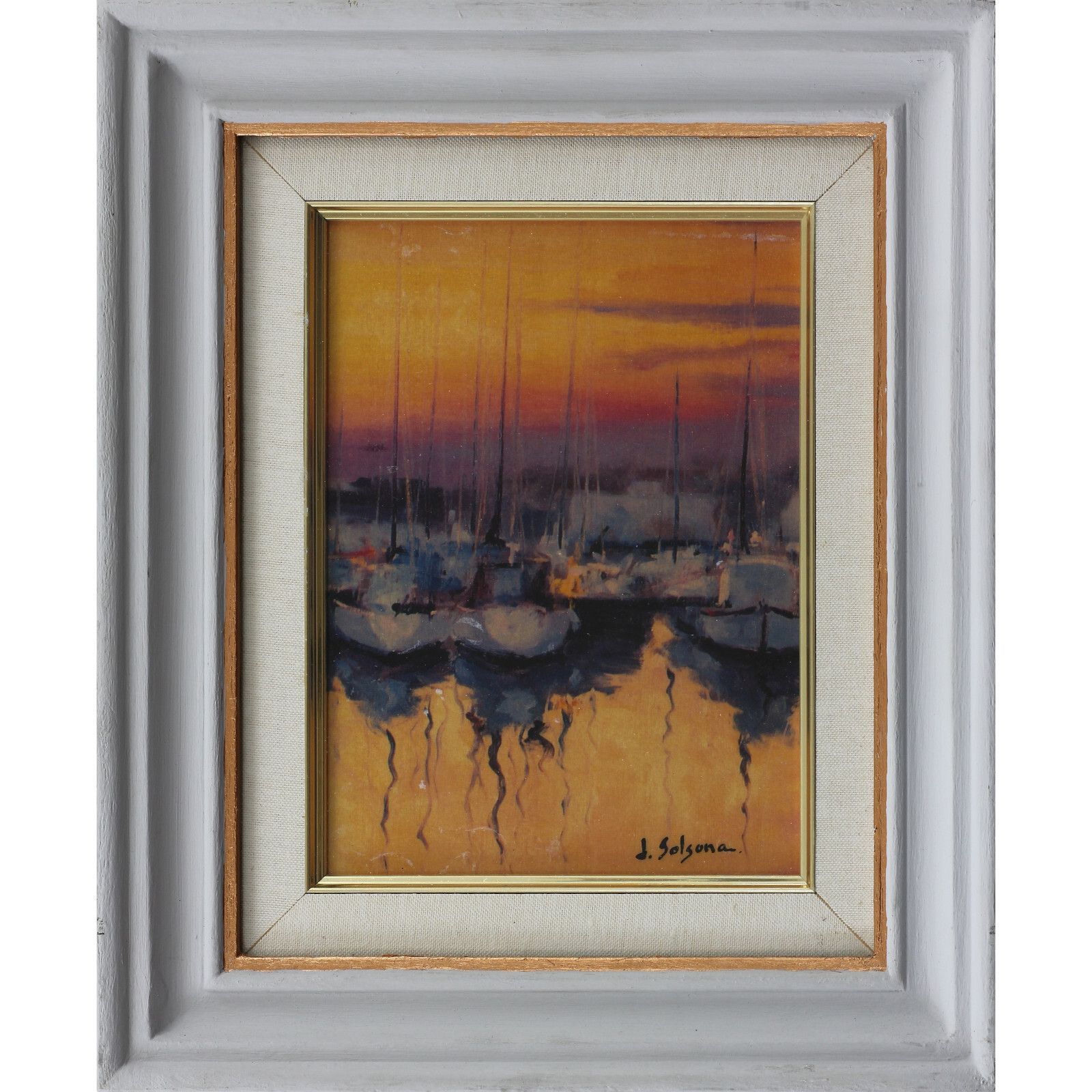 Oil On Board Behind Glass By J Solsona Sailing Boats At A Marina