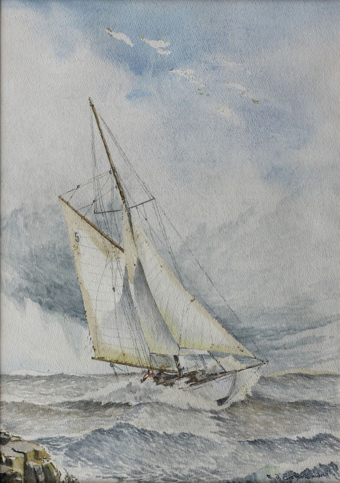 Watercolour Sailing Boat In Heavy Sea. Indistinctly Signed. photo furniture