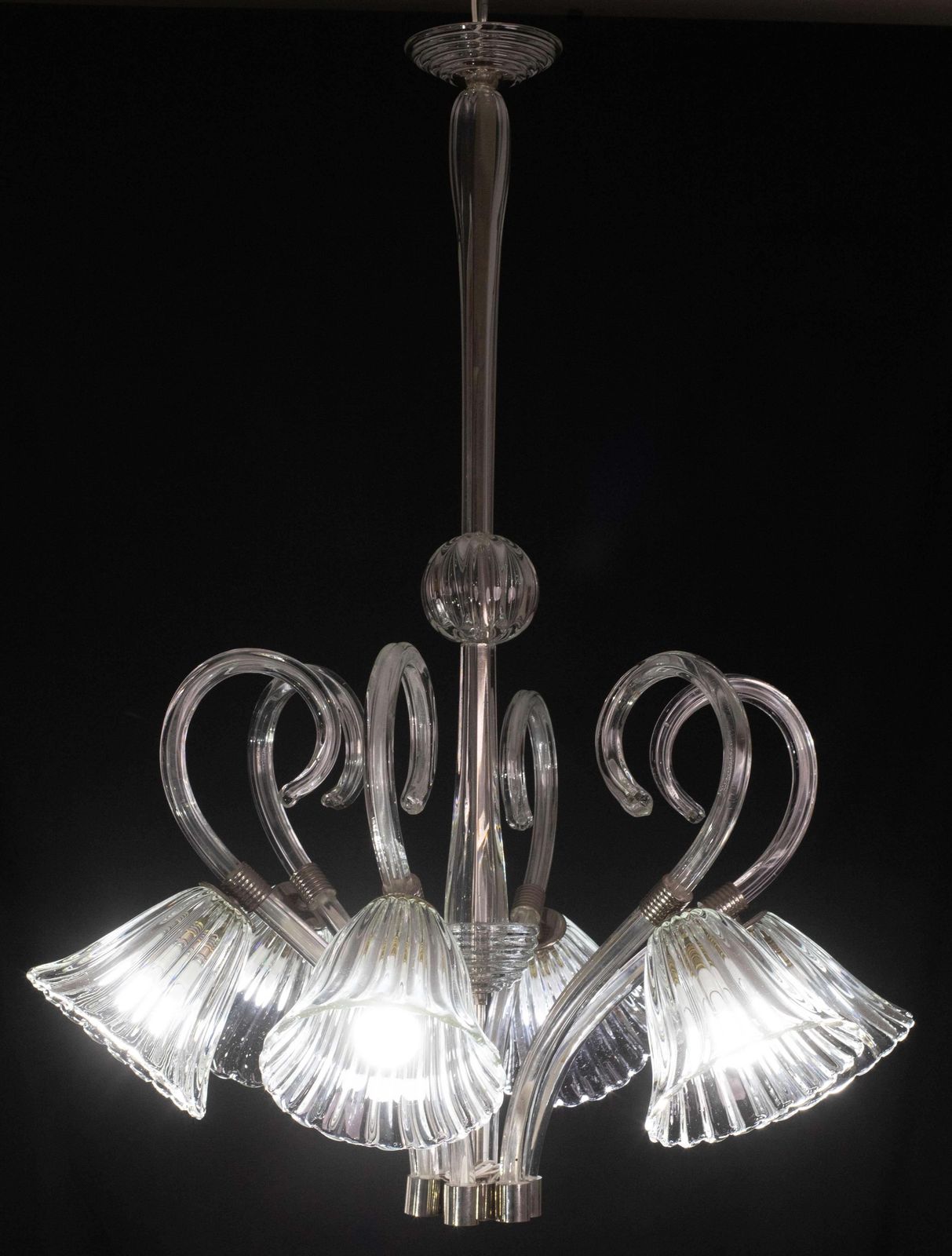 Amazing 6 Light Art Deco Murano Glass And Brass Chrome Chandelier By Barovier photo vinterior