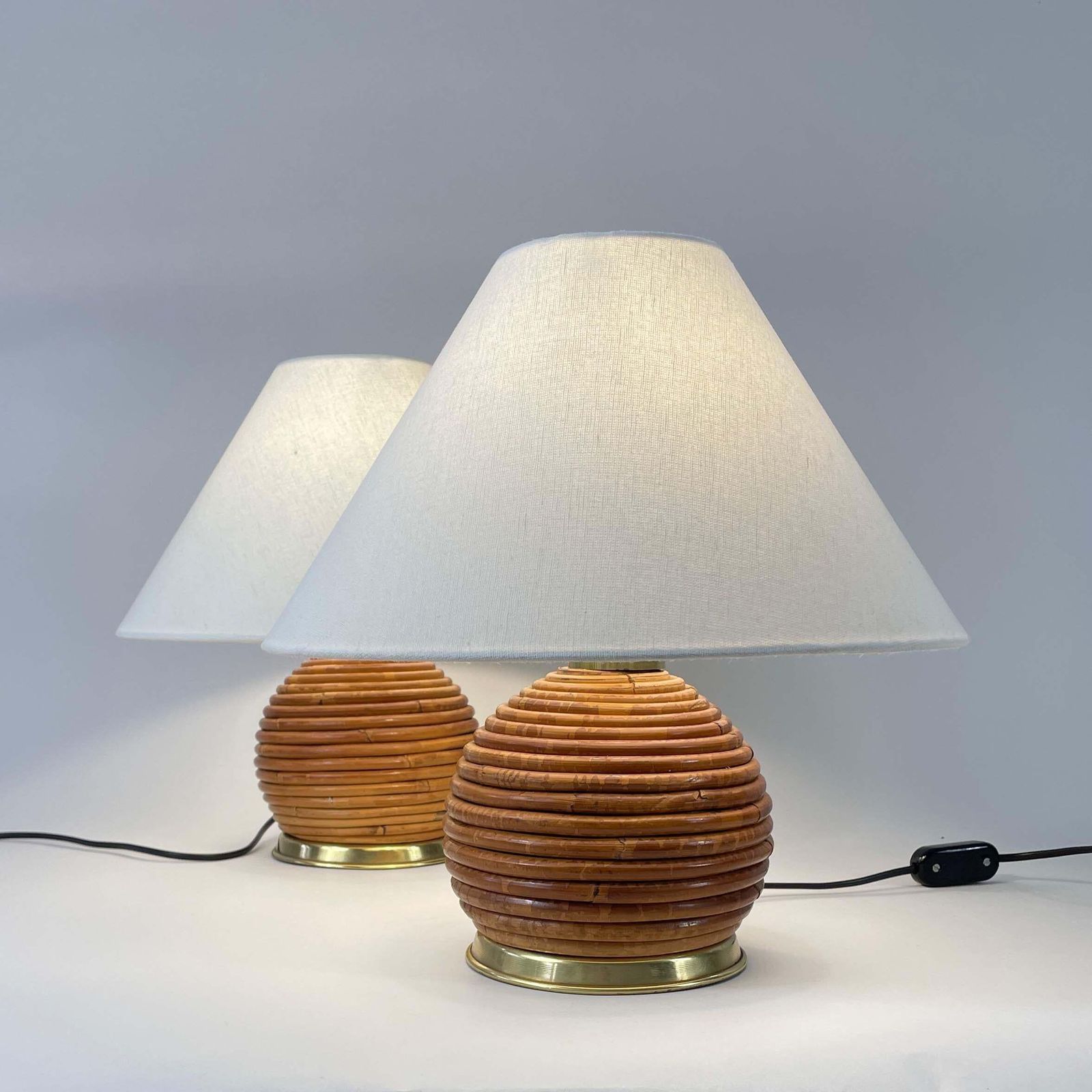 Table Lamps, Pencil Reed Rattan And Brass, Vivai Del Sud Italy 1960s photo for sale