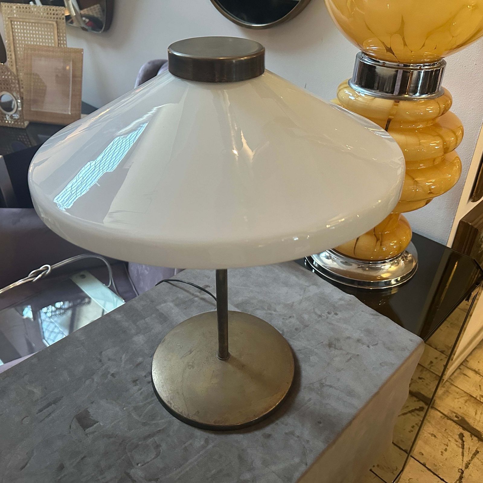 1950 Oscar Torlasco Style Mid Century Modern Brass And Glass Italian Table Lamp photo for sale