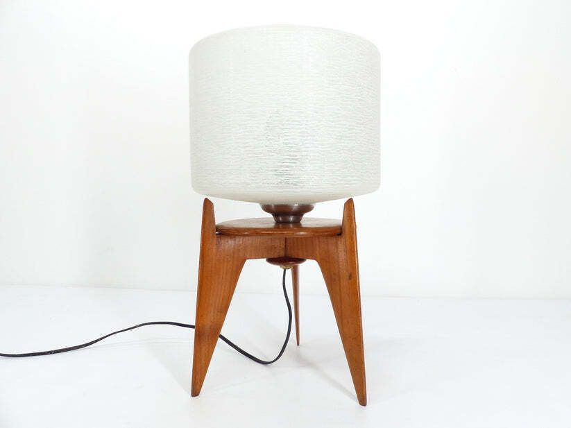 Vintage Tripod Table Lamp Wood And Glass 1950 France photo for sale