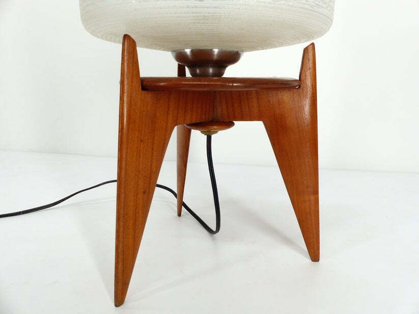 Vintage Tripod Table Lamp Wood And Glass 1950 France photo Lighting