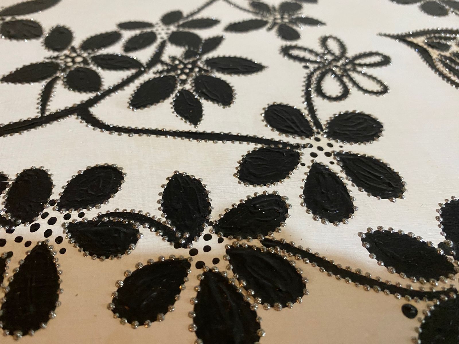 Black And White Hand Painted Blooms And Butterflies Side Table With Embellishments photo for sale