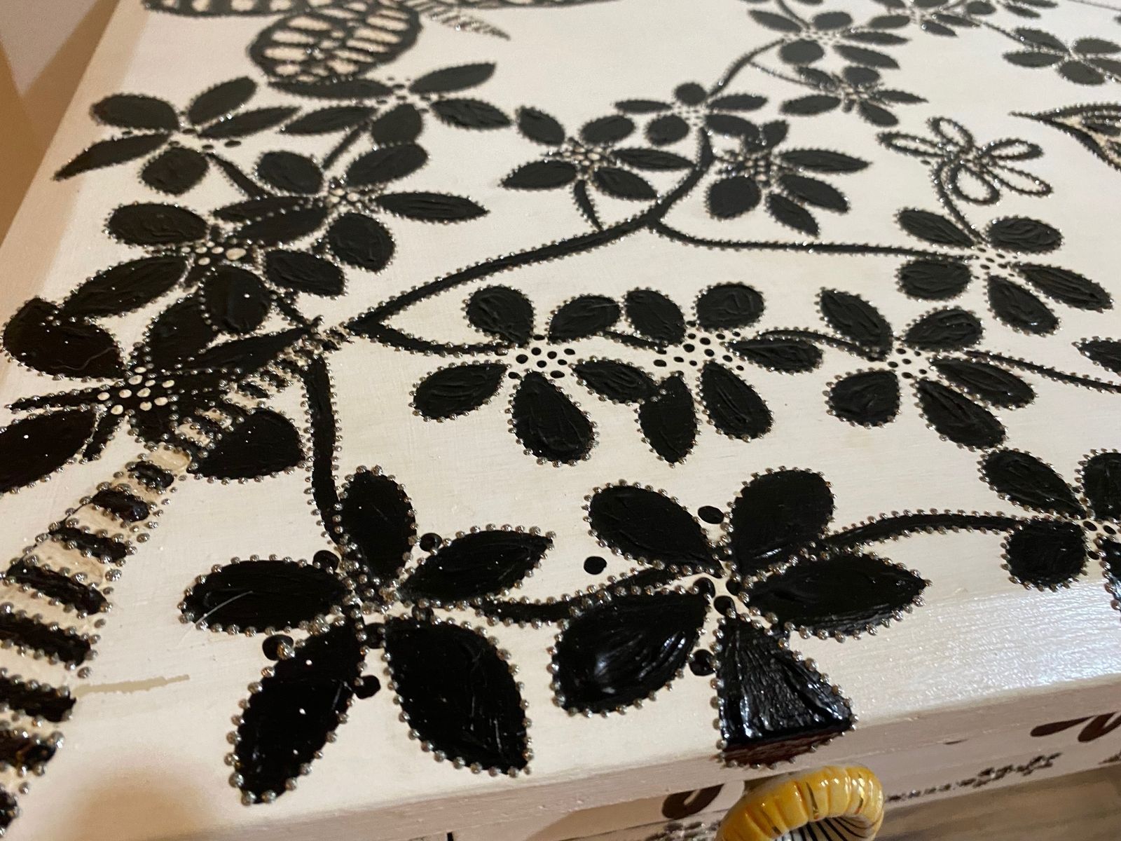 photo for sale Black And White Hand Painted Blooms And Butterflies Side Table With Embellishments