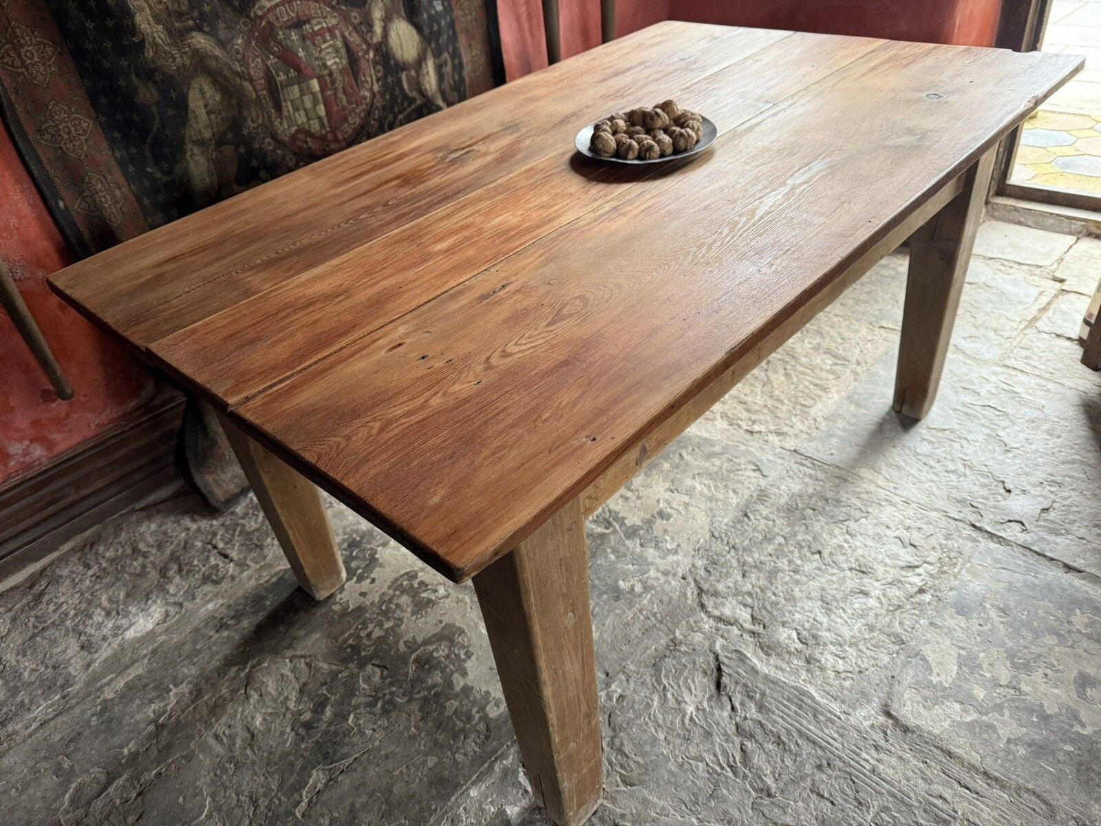 Original English Antique Pine Rustic Farmhouse Kitchen Plank Dining Table 1800's photo for sale