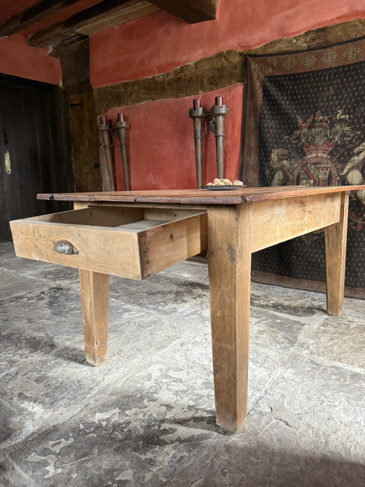 1099.0 Original English Antique Pine Rustic Farmhouse Kitchen Plank Dining Table 1800's photo