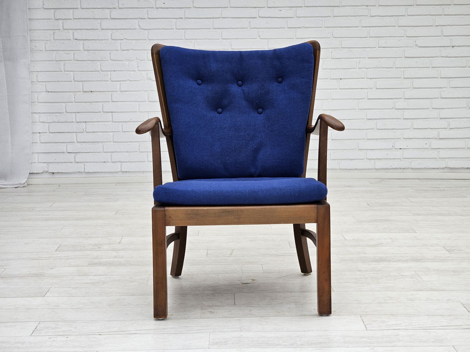 1960s, Danish Easy Armchair By Fritz Hansen, Wool Fabric, Beech Wood. photo vintage
