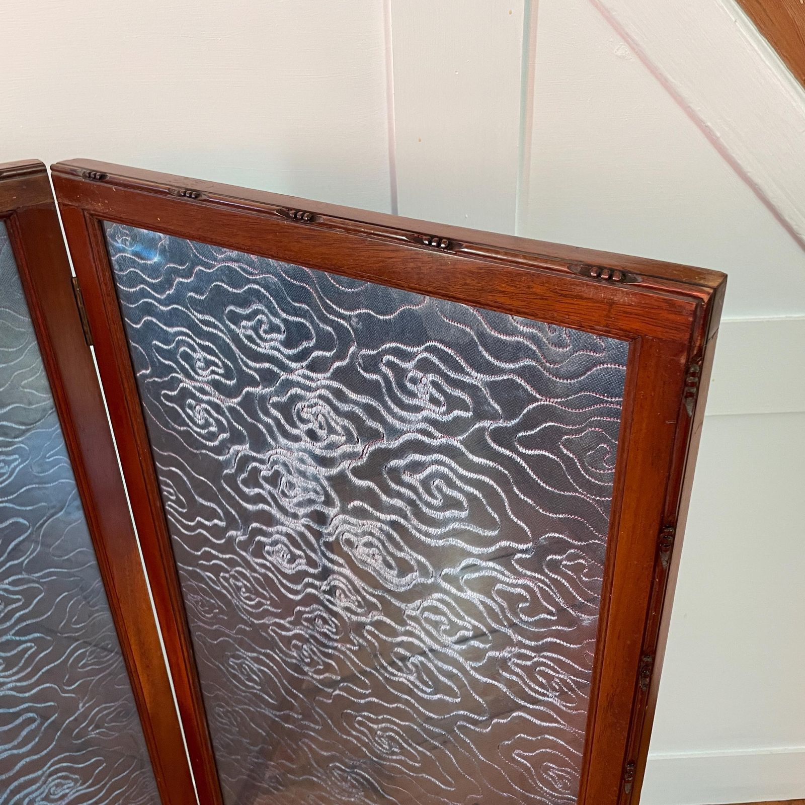Antique Oriental Chinese Fireguard Fireplace Screen Wooden Frame Vintage Fire Guard Patterned Devore Fabric Blue Pattern Wood Freestanding photo furniture