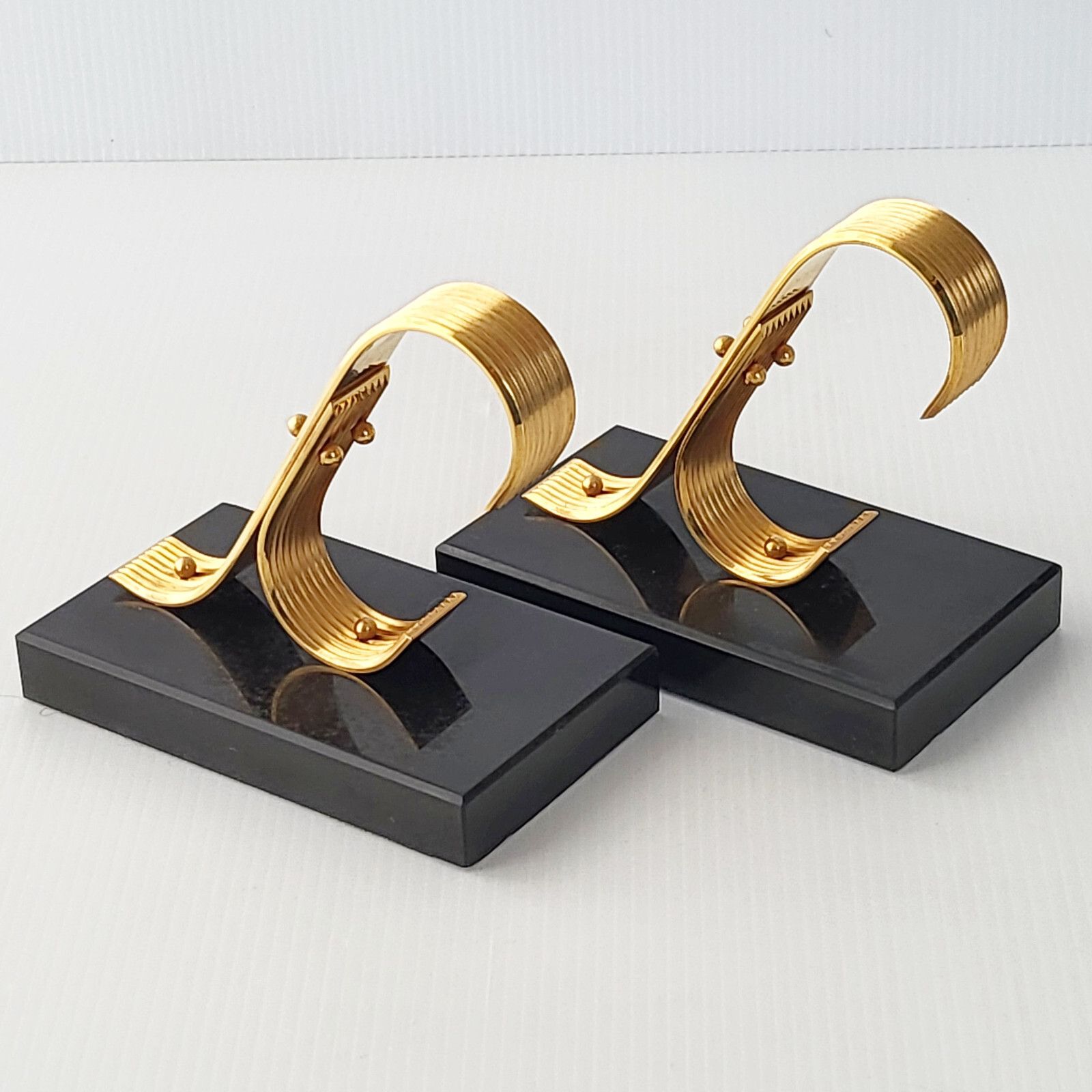 Vintage 1960 Gold Starry Marble & Brass Golden 60s Retro Pair Of Bookholds