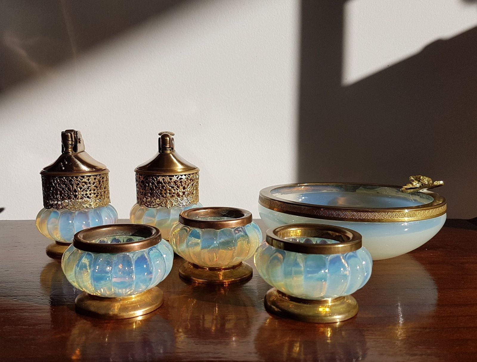 Pre 1970s Italian Murano Opaline And Brass Ormulu 6 Pc Set, Att. To Fratelli Toso    Labelled