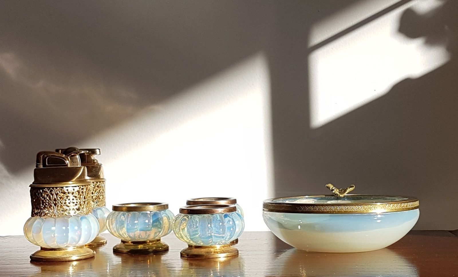 Pre 1970s Italian Murano Opaline And Brass Ormulu 6 Pc Set, Att. To Fratelli Toso    Labelled photo furniture